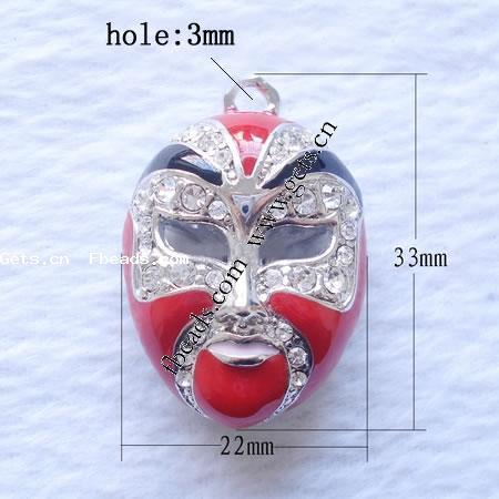 Character Shaped Zinc Alloy Pendants, Mask, plated, with Mideast rhinestone & enamel, more colors for choice, nickel free, 22x33mm, Hole:Approx 3mm, Sold By PC