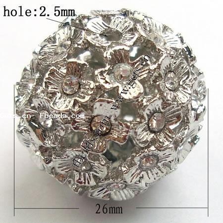 Ball Rhinestone Spacer, with Zinc Alloy, Round, plated, more colors for choice, 26mm, Hole:Approx 2.5mm, Sold By PC