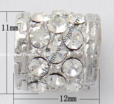 Rhinestone Zinc Alloy European Beads, Tube, plated, without troll & with rhinestone, more colors for choice, nickel, lead & cadmium free, 12x11mm, Hole:Approx 6mm, Sold By PC