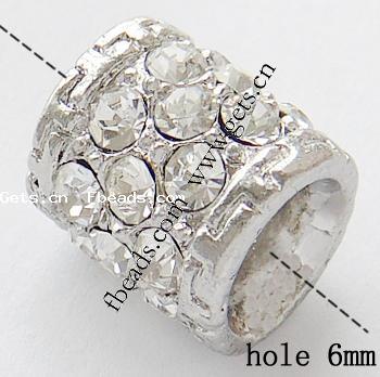 Rhinestone Zinc Alloy European Beads, Tube, plated, without troll & with rhinestone, more colors for choice, nickel, lead & cadmium free, 12x11mm, Hole:Approx 6mm, Sold By PC