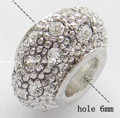 Strass Zink Legierung Europa Perlen, Zinklegierung, Rondell, plattiert, Kundenindividuell & ohne troll & mit Strass, keine, frei von Nickel, Blei & Kadmium, 14x8.5mm, Bohrung:ca. 6mm, verkauft von PC