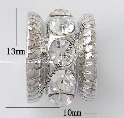 Rhinestone Zinc Alloy European Beads, Tube, plated, without troll & with rhinestone, more colors for choice, nickel, lead & cadmium free, 13x10mm, Hole:Approx 7mm, Sold By PC