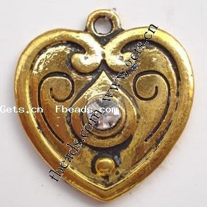 Zinc Alloy Heart Pendants, plated, with rhinestone, original color, cadmium free, 24x22x4mm, Sold By PC