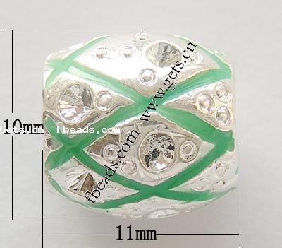 Gota de Europeo de aleación de zinc con esmalte, Tambor, chapado, sin rosca & con diamantes de imitación & agujero largo, más colores para la opción, 11x10mm, agujero:aproximado 5mm, Vendido por UD