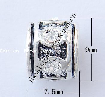 Rhinestone Zinc Alloy European Beads, Tube, plated, without troll & with rhinestone, more colors for choice, 9x7.5mm, Hole:Approx 4mm, Sold By PC