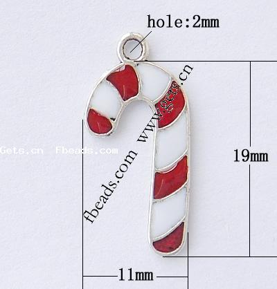 Zinc Alloy Christmas Pendants, with enamel, Christmas Candy Cane, plated, Christmas jewelry & enamel, more colors for choice, 19x11x1mm, Hole:Approx 2mm, 1000PCs/Bag, Sold By Bag