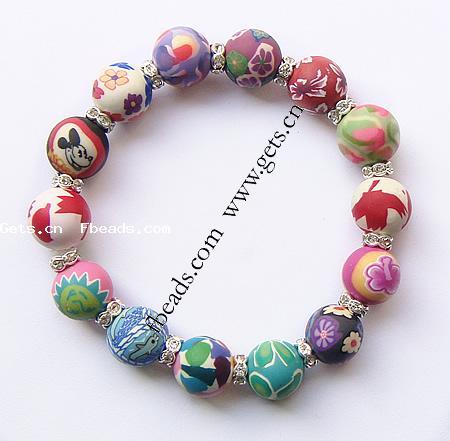 Polymer Clay Bracelets, with rhinestone brass spacer, Round, different size for choice, multi-colored, Length:7.5 Inch, 15PCs/Strand, Sold By Strand
