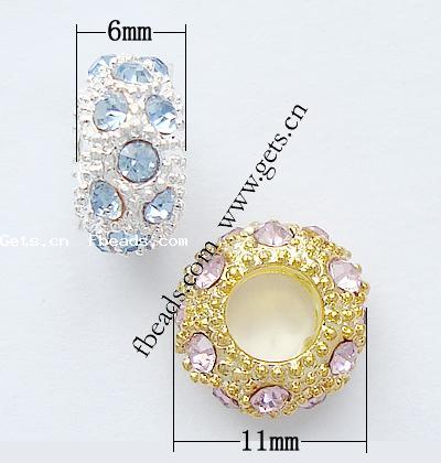 European perles strass, avec alliage de zinc, rondelle, Placage, plus de couleurs à choisir, sans cadmium, 11x6mm, Trou:Environ 5mm, Vendu par PC
