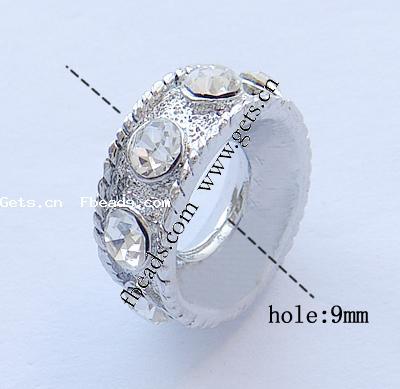 Rhinestone Zinc Alloy European Beads, Rondelle, plated, without troll & with rhinestone, more colors for choice, nickel, lead & cadmium free, 20x20x8mm, Hole:Approx 9mm, Sold By PC
