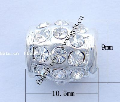 Rhinestone Zinc Alloy European Beads, Drum, plated, without troll & with rhinestone, more colors for choice, nickel, lead & cadmium free, 9x10.5mm, Hole:Approx 4.5mm, Sold By PC