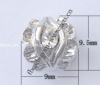 Rhinestone Zinc Alloy European Beads, Flower, plated, without troll & with rhinestone, more colors for choice, nickel, lead & cadmium free, 9.5x9mm, Hole:Approx 5mm, Sold By PC