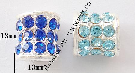 Rhinestone Zinc Alloy European Beads, Tube, plated, without troll & with rhinestone, more colors for choice, nickel, lead & cadmium free, 13x13mm, Hole:Approx 6mm, Sold By PC