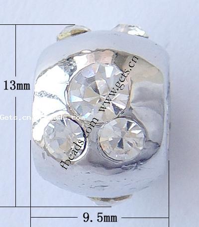 Strass Zink Legierung Europa Perlen, Zinklegierung, Trommel, plattiert, ohne troll & mit Strass, keine, frei von Nickel, Blei & Kadmium, 13x9.5mm, Bohrung:ca. 8mm, verkauft von PC