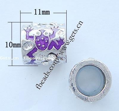 Enamel Zinc Alloy European Beads, Tube, plated, without troll & with rhinestone & large hole, more colors for choice, 11x10mm, Hole:Approx 6mm, Sold By PC