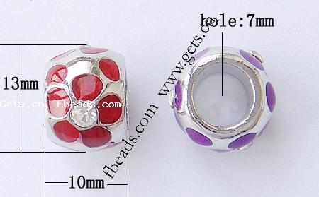 Enamel Zinc Alloy European Beads, Drum, plated, without troll & with rhinestone & large hole, more colors for choice, cadmium free, 13x10mm, Hole:Approx 7mm, Sold By PC
