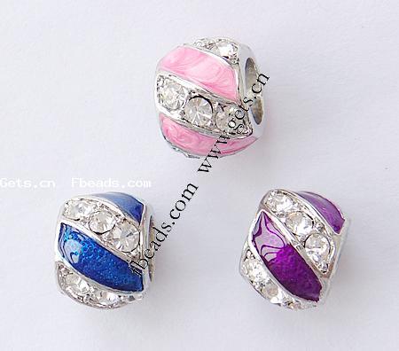 Enamel Zinc Alloy European Beads, Rondelle, plated, without troll & with rhinestone & large hole, more colors for choice, 13x10mm, Hole:Approx 7mm, Sold By PC
