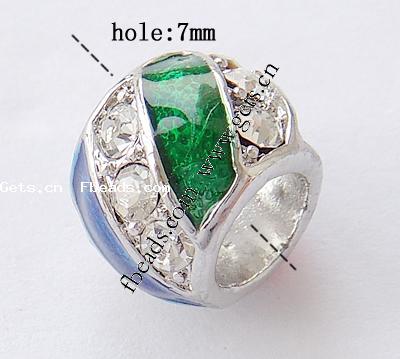 Enamel Zinc Alloy European Beads, Drum, plated, without troll & with rhinestone & large hole, more colors for choice, 13x10mm, Hole:Approx 7mm, Sold By PC