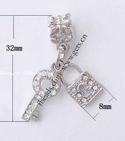 Zinc Alloy European Pendants, Key, plated, Customized & without troll & with rhinestone, more colors for choice, nickel, lead & cadmium free, 32mm, 8mm, Hole:Approx 5mm, Sold By PC