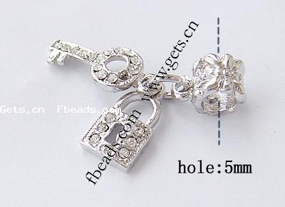 Zinc Alloy European Pendants, Key, plated, Customized & without troll & with rhinestone, more colors for choice, nickel, lead & cadmium free, 32mm, 8mm, Hole:Approx 5mm, Sold By PC