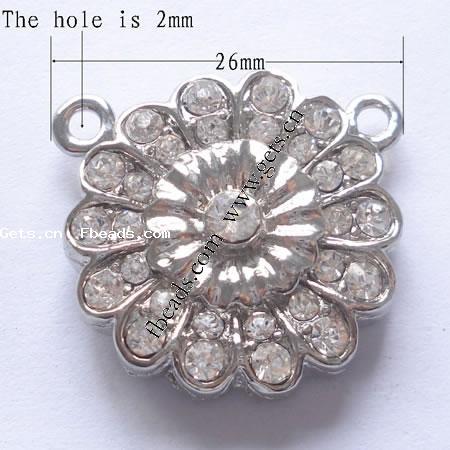 Zinc Alloy Magnetic Clasp, Flower, plated, with rhinestone, more colors for choice, 26x26x8mm, Hole:Approx 2mm, Sold By PC