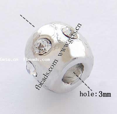 Rhinestone Zinc Alloy European Beads, Drum, plated, without troll & with rhinestone, more colors for choice, nickel, lead & cadmium free, 8x7mm, Hole:Approx 3mm, Sold By PC