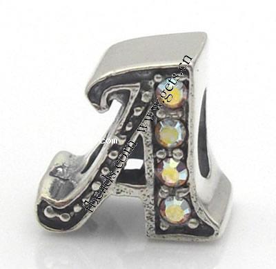 Perles European de stras d'alliage de Zinc , Lettre A, Placage, sans filetage & avec strass, plus de couleurs à choisir, 13x13mm, Trou:Environ 4mm, Vendu par PC