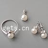 Conjuntos de joya de perla de agua dulce de plata , plata de ley 925, colgante & anillo de dedo & pendiente, con perla, chapado en platina real, con circonia cúbica, 12.5x8x7mm,18x9mm,11x9mm, agujero:aproximado 3mm, tamaño:6-8, Vendido por Set
