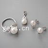 Conjuntos de joya de perla de agua dulce de plata , plata de ley 925, colgante & anillo de dedo & pendiente, con perla, chapado en platina real, con circonia cúbica, 17x8x7mm,16x11mm,13x7mm, agujero:aproximado 5x3.5mm, tamaño:6-8, Vendido por Set