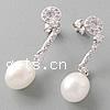 Sterling Silver Pearl Drop Earring, 925 Sterling Silver, with Freshwater Pearl, Teardrop, plated, with cubic zirconia 