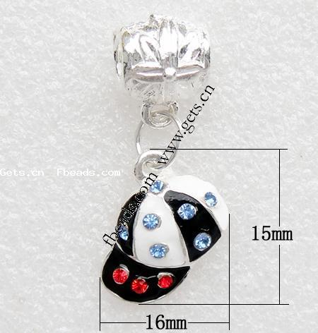 Zinc Alloy European Pendants, Hat, plated, without troll & enamel & with rhinestone, more colors for choice, 16x15x5mm, Hole:Approx 4mm, Length:30 , Sold By PC