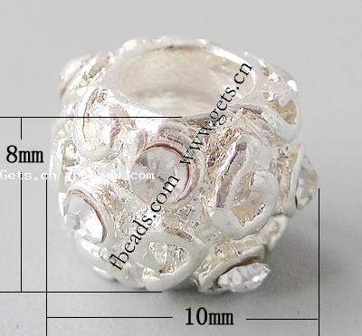 Rhinestone Zinc Alloy European Beads, Rondelle, plated, without troll & with rhinestone, more colors for choice, nickel, lead & cadmium free, 10x8mm, Hole:Approx 4.2-4.5mm, Sold By PC