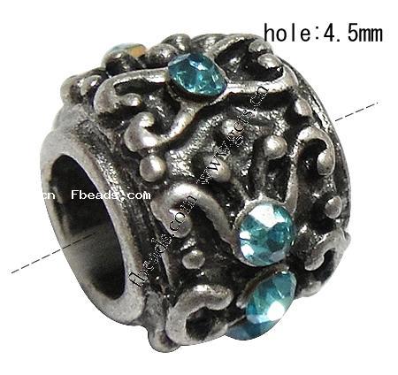 Rhinestone Zinc Alloy European Beads, Rondelle, plated, without troll & with rhinestone, more colors for choice, 10x7.5mm, Hole:Approx 4.5mm, Sold By PC