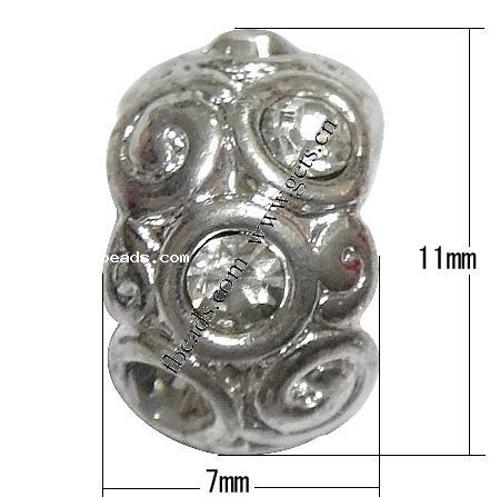 Perles European de stras d'alliage de Zinc , rondelle, Placage, sans filetage & avec strass, plus de couleurs à choisir, 11x7mm, Trou:Environ 4.5mm, Vendu par PC