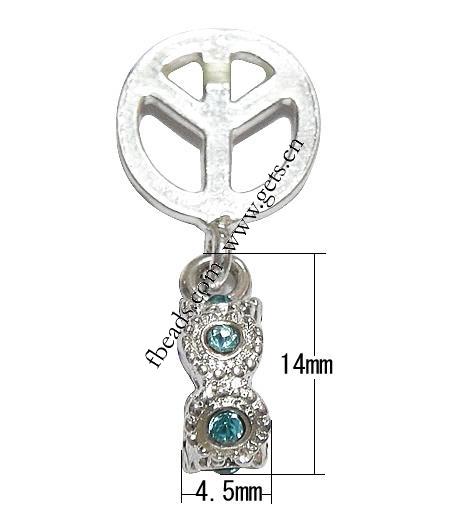 Zinc Alloy European Pendants, plated, without troll & with rhinestone, more colors for choice, 14x4.5x9mm, Hole:Approx 2mm, Length:28 , Sold By PC