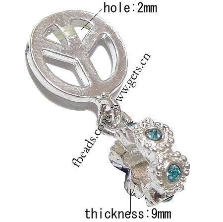 Zinc Alloy European Pendants, plated, without troll & with rhinestone, more colors for choice, 14x4.5x9mm, Hole:Approx 2mm, Length:28 , Sold By PC