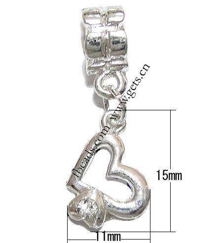 Zinc Alloy European Pendants, Heart, plated, without troll & with rhinestone, more colors for choice, 15x11x4mm, Hole:Approx 4.5mm, Length:30 , Sold By PC