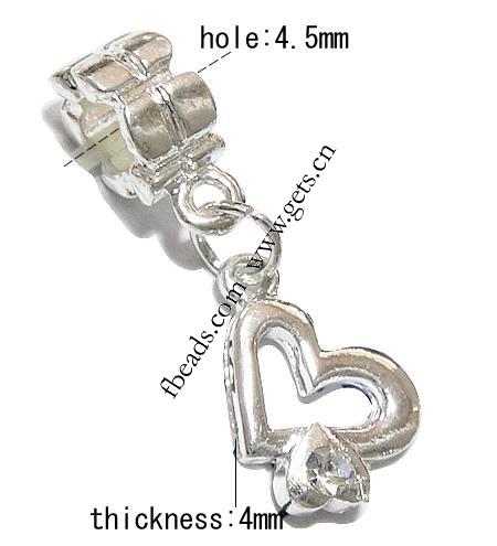 Zinc Alloy European Pendants, Heart, plated, without troll & with rhinestone, more colors for choice, 15x11x4mm, Hole:Approx 4.5mm, Length:30 , Sold By PC