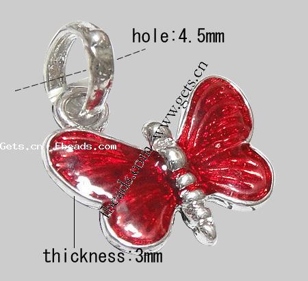 Zinc Alloy European Pendants, Butterfly, plated, without troll & enamel, more colors for choice, 16x18x3mm, Hole:Approx 4.5mm, Length:23 , Sold By PC