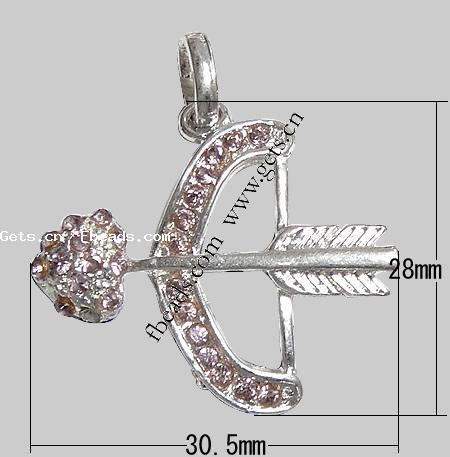 Zinc Alloy Tool Pendants, Arrow, plated, with rhinestone, more colors for choice, 28x30.5x3mm, Hole:Approx 4.5mm, Length:34 , Sold By PC