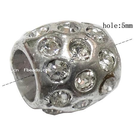 Rhinestone Zinc Alloy European Beads, Drum, plated, without troll & with rhinestone, more colors for choice, 9x9mm, Hole:Approx 5mm, Sold By PC