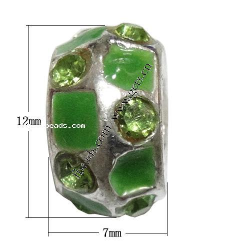 Enamel Zinc Alloy European Beads, Rondelle, plated, without troll & with rhinestone & large hole, more colors for choice, 7x12mm, Hole:Approx 5mm, Sold By PC