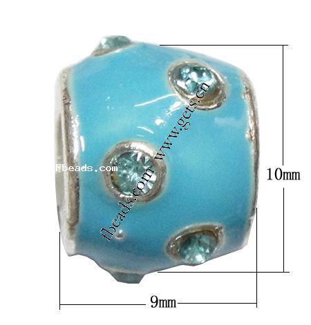 Enamel Zinc Alloy European Beads, Drum, plated, without troll & with rhinestone & large hole, more colors for choice, 9x10mm, Hole:Approx 5mm, Sold By PC