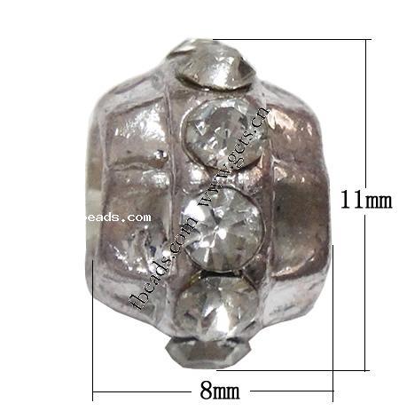 Rhinestone Zinc Alloy European Beads, Rondelle, plated, without troll & with rhinestone, more colors for choice, 8x11mm, Hole:Approx 4.5mm, Sold By PC