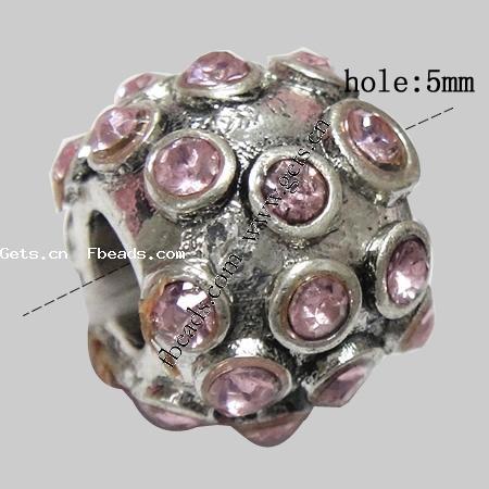 Rhinestone Zinc Alloy European Beads, Rondelle, plated, without troll & with rhinestone, more colors for choice, 10x13mm, Hole:Approx 5mm, Sold By PC