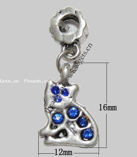 Zinc Alloy European Pendants, Animal, plated, with troll & with rhinestone, more colors for choice, 16x12x3mm, Hole:Approx 4mm, Length:27 , Sold By PC