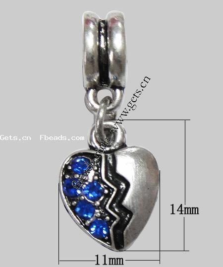 pendentifs European en alliage zinc, alliage de zinc, coeur, Placage, avec filetage & avec strass, plus de couleurs à choisir, 14x11x2mm, Trou:Environ 4mm, Longueur:24 , Vendu par PC