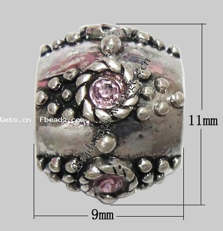Rhinestone Zinc Alloy European Beads, Drum, plated, without troll & with rhinestone, more colors for choice, 9x11mm, Hole:Approx 5mm, Sold By PC