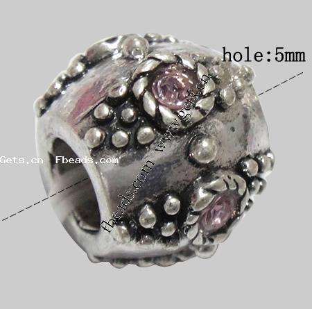 Rhinestone Zinc Alloy European Beads, Drum, plated, without troll & with rhinestone, more colors for choice, 9x11mm, Hole:Approx 5mm, Sold By PC