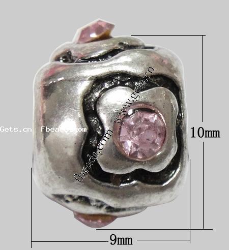 Rhinestone Zinc Alloy European Beads, Rondelle, plated, without troll & with rhinestone, more colors for choice, 9x10mm, Hole:Approx 5mm, Sold By PC