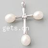 Cultured Pearl Sterling Silver Pendants, 925 Sterling Silver, with Pearl Shell, Cross, platinum plated, with cubic zirconia Approx 